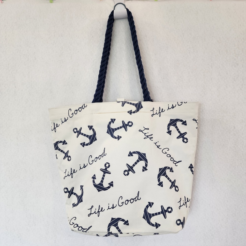 Life is Good Canvas Tote Bag Navy Blue Anchor Print Rope Handle Nautical Cream